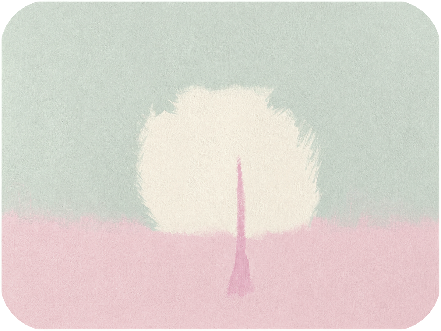 The Sahana Movement painting: green surrounding an ivory presence, pink ground below, and a single pink stroke rising upward.