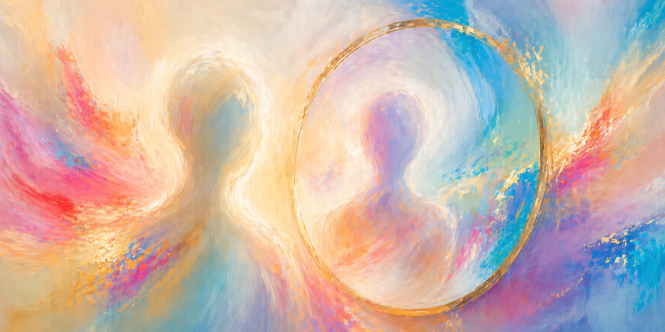 Abstract, faceless human form facing its own reflection, with soft, flowing colors merging around both figures, evoking self-perception, presence, and being with oneself without definition.